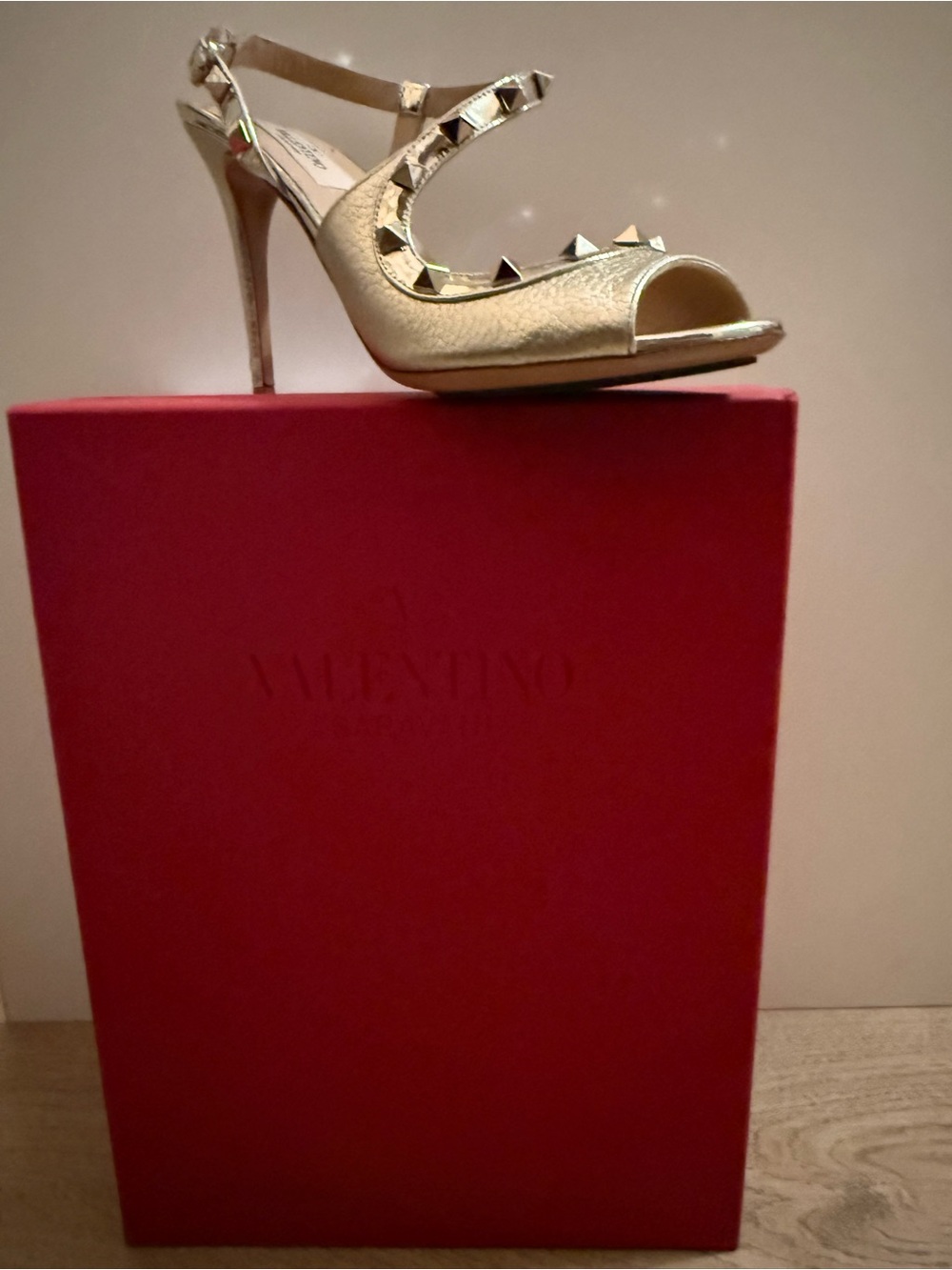 Valentino Gold Pyramid-Stud Peep-Toe Stiletto Sandal